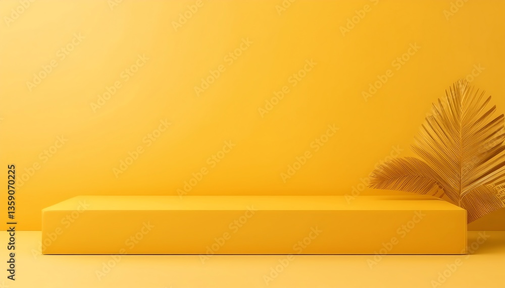 Poster a minimalist scene featuring a yellow backdrop with a rectangular platform and a decorative palm lea