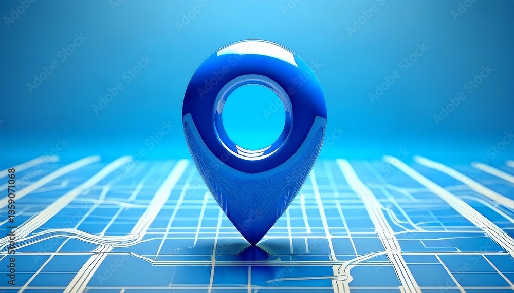 Poster a blue map pin is centered on a digital grid, representing navigation, location, and mapping technol