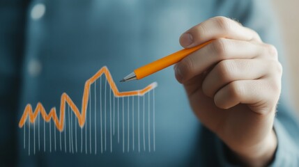Market analyst presenting upward trend data with orange pen in modern office setting during daytime