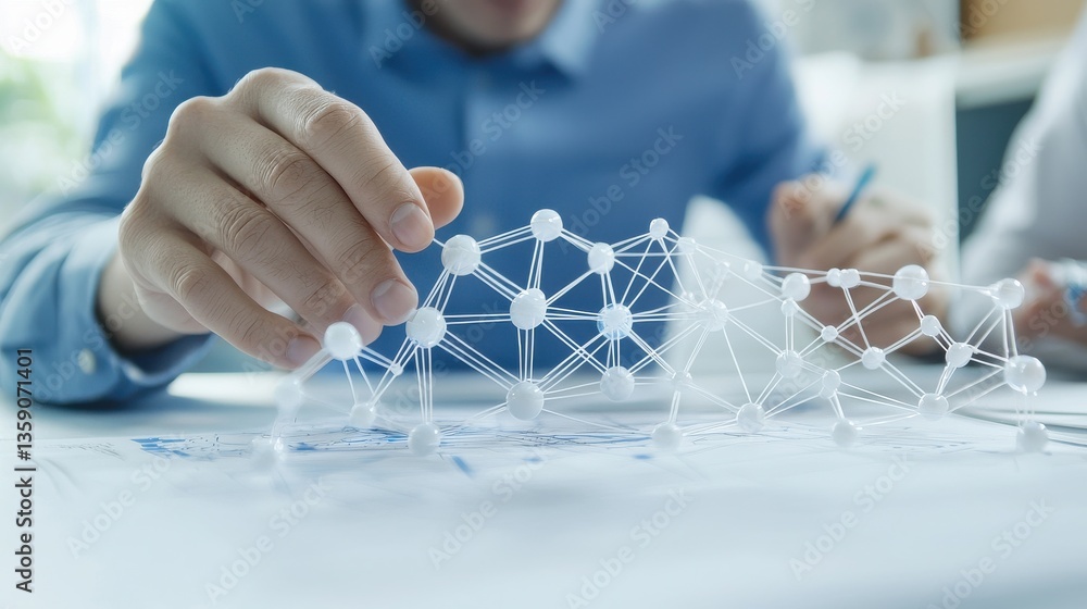 Poster hands engaging with molecular model on table in office setting