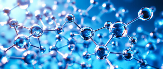 Fototapeta premium close-up view of an intricate network of glistening blue and silver molecules