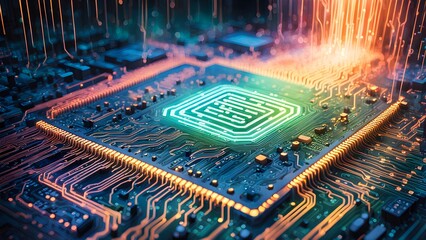 Glowing Circuit Board: Digital Technology Closeup