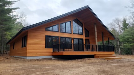 Obraz premium Modern wooden cabin in a forested area surrounded by trees in a tranquil setting
