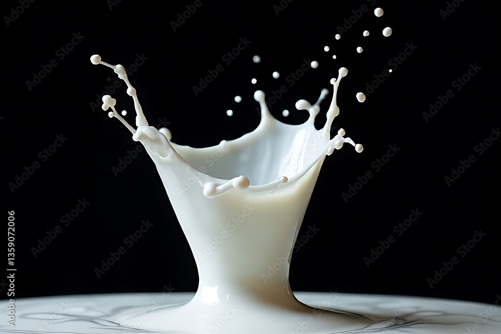 Poster dynamic milk splash action studio setting photography dark background close-up fluidity
