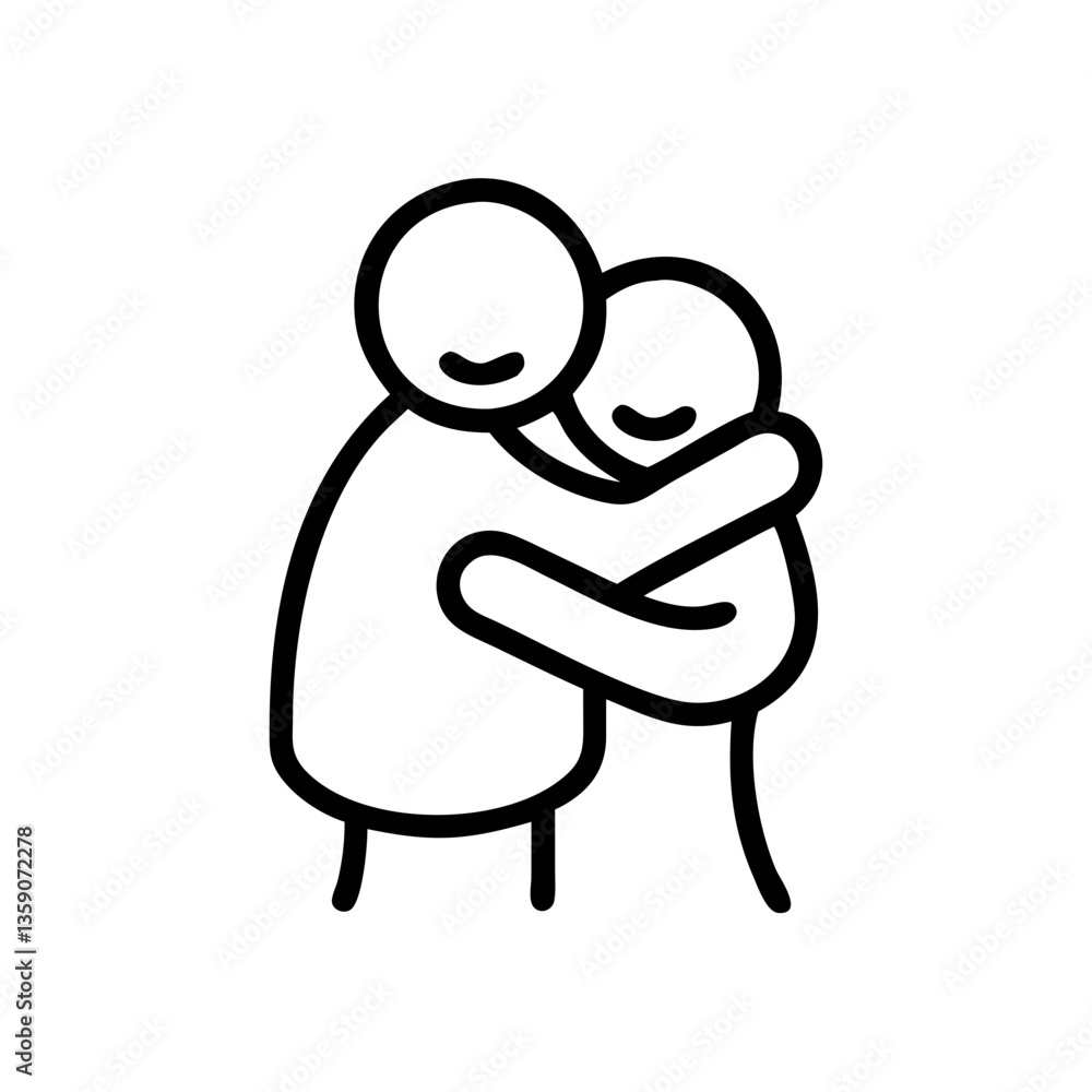Poster Two characters hugging in a simple line art style  