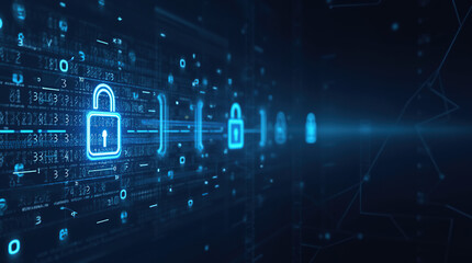 Fototapeta premium A futuristic scene with digital encryption symbols on a network grid, binary code flowing in the background, and encryption keys, representing secure communication and data protection.