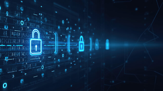 A futuristic scene with digital encryption symbols on a network grid, binary code flowing in the background, and encryption keys, representing secure communication and data protection.