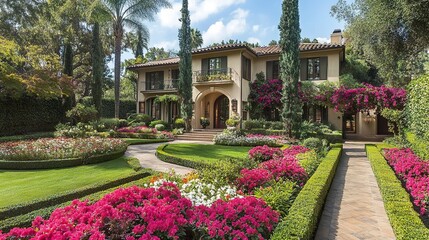 Obraz premium Elegant home highlighted by a well-landscaped garden colorful flowers, trimmed bushes, and winding paths blending charm and nature. 