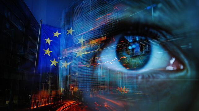 NIS2 EU Cybersecurity Directive Concept, EU Data Surveillance Cybersecurity Digital Eye European Flag Financial Markets Technology