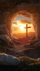 A serene dawn at an empty tomb with a cross in the foreground illuminated by soft sunlight
