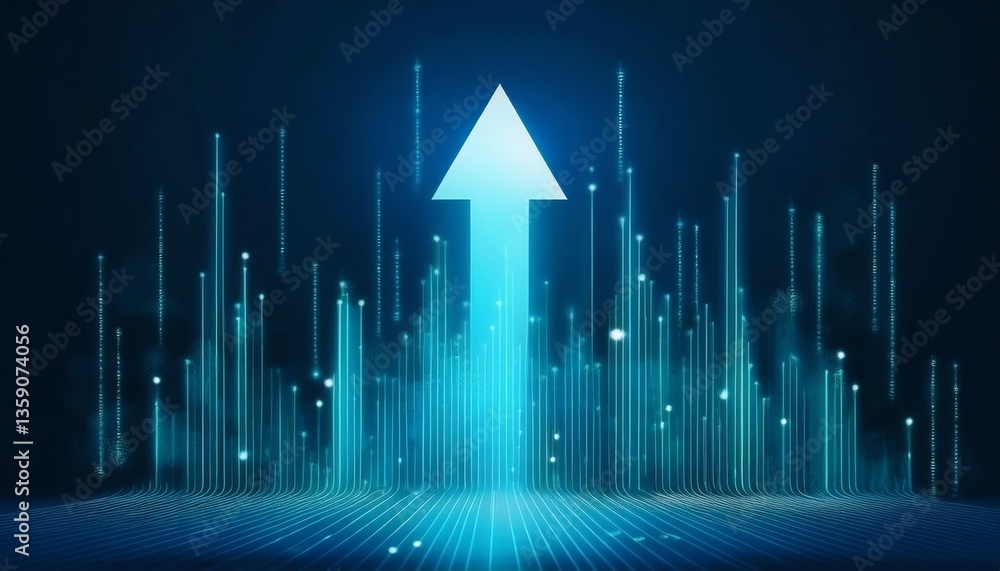 Poster a digital arrow pointing upwards, surrounded by glowing vertical lines, symbolizes growth and progre