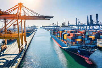Fototapeta premium Dynamic container ship docking at bustling port amidst towering cranes and vibrant cargo stacks during bright daylight