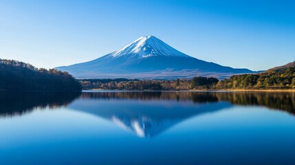 Obraz premium Breathtaking landscape of mount fuji under clear skies with reflection in tranquil lake