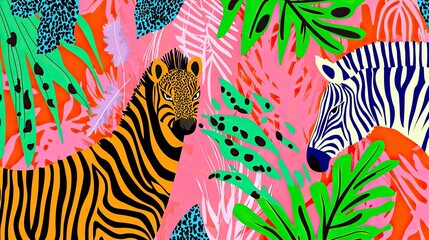 Two zebras in a vibrant tropical jungle setting.