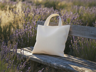 Mockup Rustic Canvas Tote Bag on Wooden Bench in a Lavender Field – Natural and Eco-Friendly Shopping Bag Mockup