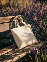 Mockup Rustic Canvas Tote Bag on Wooden Bench in a Lavender Field – Natural and Eco-Friendly Shopping Bag Mockup