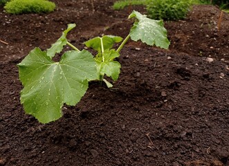 Close up of a young zucchini plant in a kitchen garden on a rainy day in june.