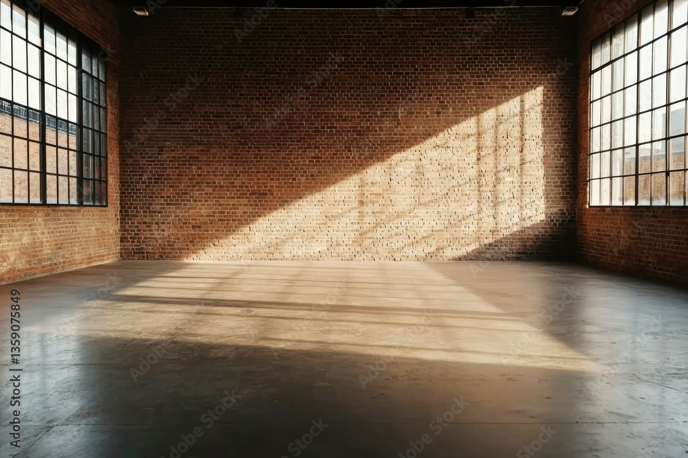 Aufkleber sunlight shining into a vast empty brick-walled loft space with large windows