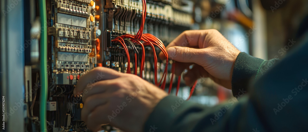 Poster hands skillfully adjusting wires in an intricate electrical panel within a well-lit workspace