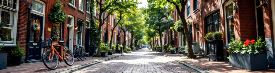 picturesque cobblestone street lined with charming brick buildings and lush greenery