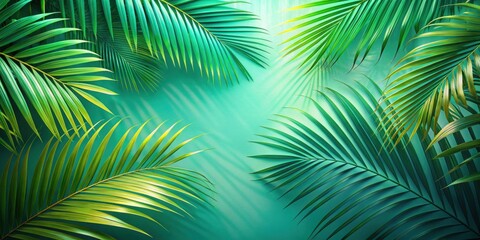 Tropical Palm Fronds Cast Shadows on a Vibrant Teal Background