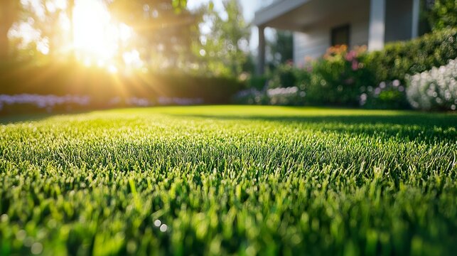 Flawless front garden lawn sharp green stripes immaculate texture bathed in sunlight showcasing professional care 
