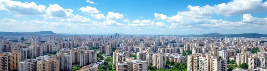 Fototapeta premium panoramic view of a cityscape under a blue sky with fluffy clouds