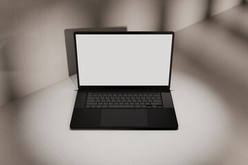 Macbook lookalike on white tile surface. Premium laptop mockup for ux, marketing or design template presentations.