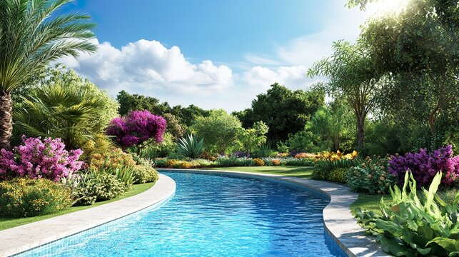 Garden paradise with a pristine swimming pool lush plants colorful flowers and serene countryside ambiance ideal for leisure 