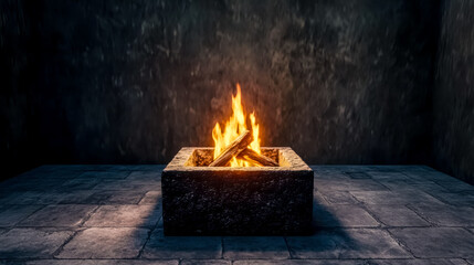 Cozy fire burning in stone hearth, radiating warmth into dark room
