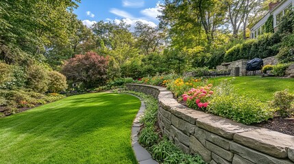 Obraz premium Gently curved stone retaining wall bordered by vibrant blooms and greenery lush lawn creating a serene backyard setting. 