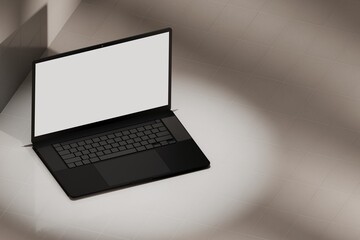 Macbook lookalike on white tile surface. Premium laptop mockup for ux, marketing or design template presentations.