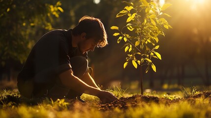 Naklejka premium Golden rays of the evening sun light a gardener planting a young tree earthy tones and lush greenery create a tranquil atmosphere. 