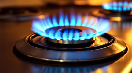 close-up of a gas stove burner with vibrant blue flames
