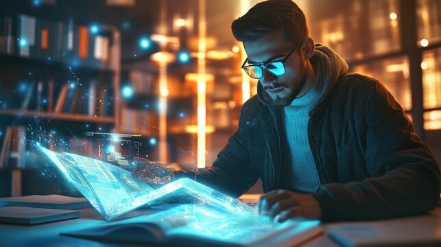 A young man engrossed in a glowing, digital book.  Intriguing study concept with illuminated pages