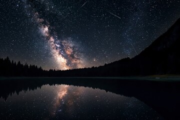 Milky Way reflected in a calm lake, framed by silhouetted trees against the night sky. Serene cosmic landscape for nature or astronomy themes.

