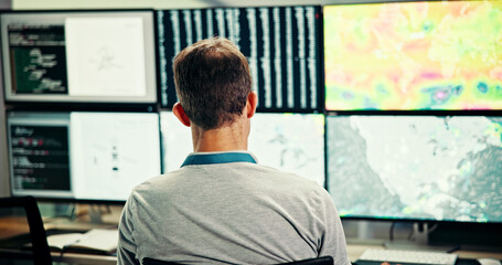 Screen, weather and man for broadcast data with news, research and reporter analysis. Presenter, ecology and back of professional for forecast on media report for meteorology update or climate change