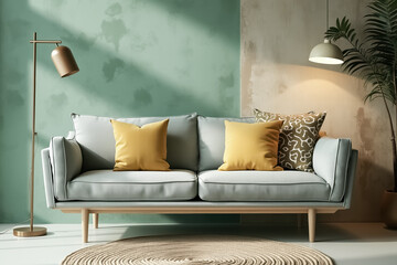 light grey sofa with mustard yellow and patterned olive green pillows in a cozy living room setting