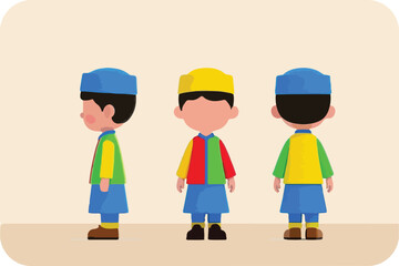 Three stylized boys in traditional Islamic attire, showcasing different perspectives in a simple, flat design illustration.