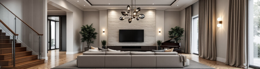 modern living room interior with beige sectional sofa and stone wall