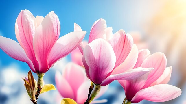 Pink magnolia blossoms against a bright blue sky.