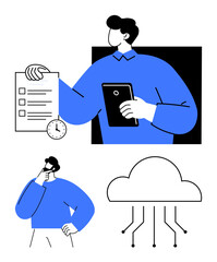 Man holding a checklist with a clock, another using a tablet, reflecting on cloud connections. Ideal for time management, organization, digital tools, cloud systems, decision-making, data sharing