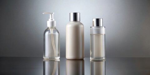 Obraz premium Three Bottles With White Caps And Silver Accents Stand In A Row Against A Grey Background