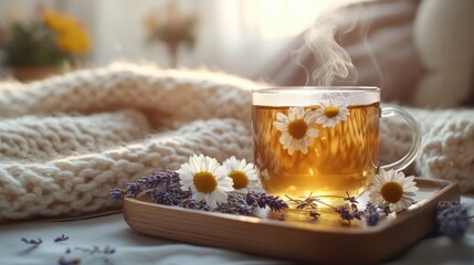 Herbal Tea and Relaxation A steaming cup of herbal green tea with floating chamomile flowers, placed on a wooden tray with dried lavender