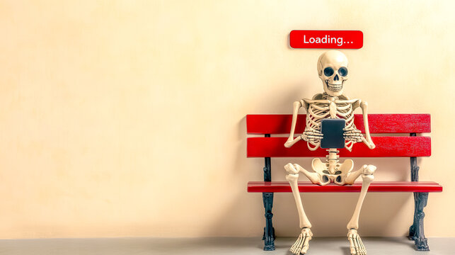Skeleton sitting on bench using tablet and waiting for loading