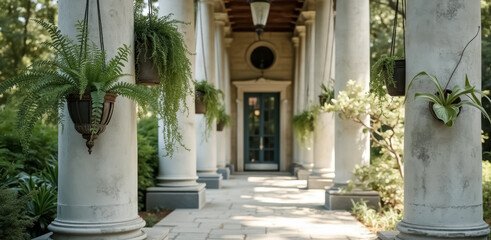 Fototapeta premium lush greenery adorning classical columns on a sunlit walkway