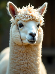 Obraz premium A white alpaca with fluffy wool, small ears, and a gentle expression, standing in a field with a blurred green background