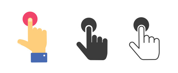 Button press touch icon top view vector graphic illustration set, finger push start line stroke outline simple pictogram, flat switch poke sign symbol silhouette image clip art