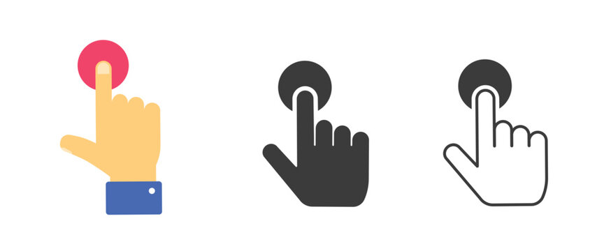 Button press touch icon top view vector graphic illustration set, finger push start line stroke outline simple pictogram, flat switch poke sign symbol silhouette image clip art