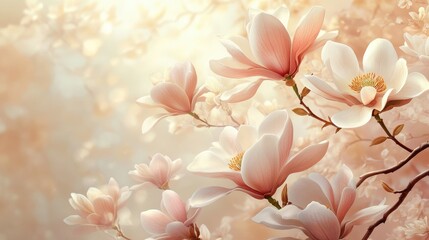 Obraz premium Soft, pastel magnolia blossoms in a gentle, sunlit background. Use this for elegant spring designs, wedding invitations or romantic cards.